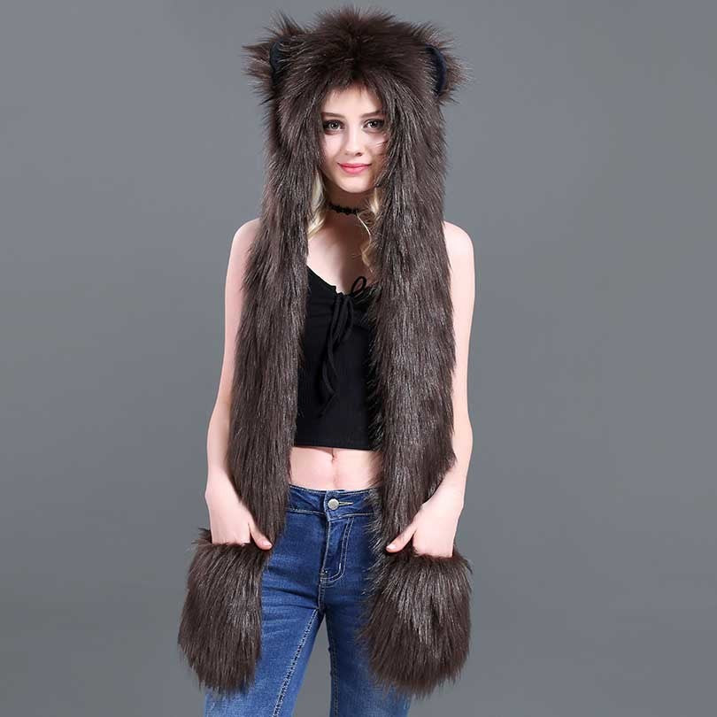 Faux Fur Straw Cartoon Animal Hat Scarf Gloves One - Bellarte Enchanté Faux Fur Straw Cartoon Animal Hat Scarf Gloves One